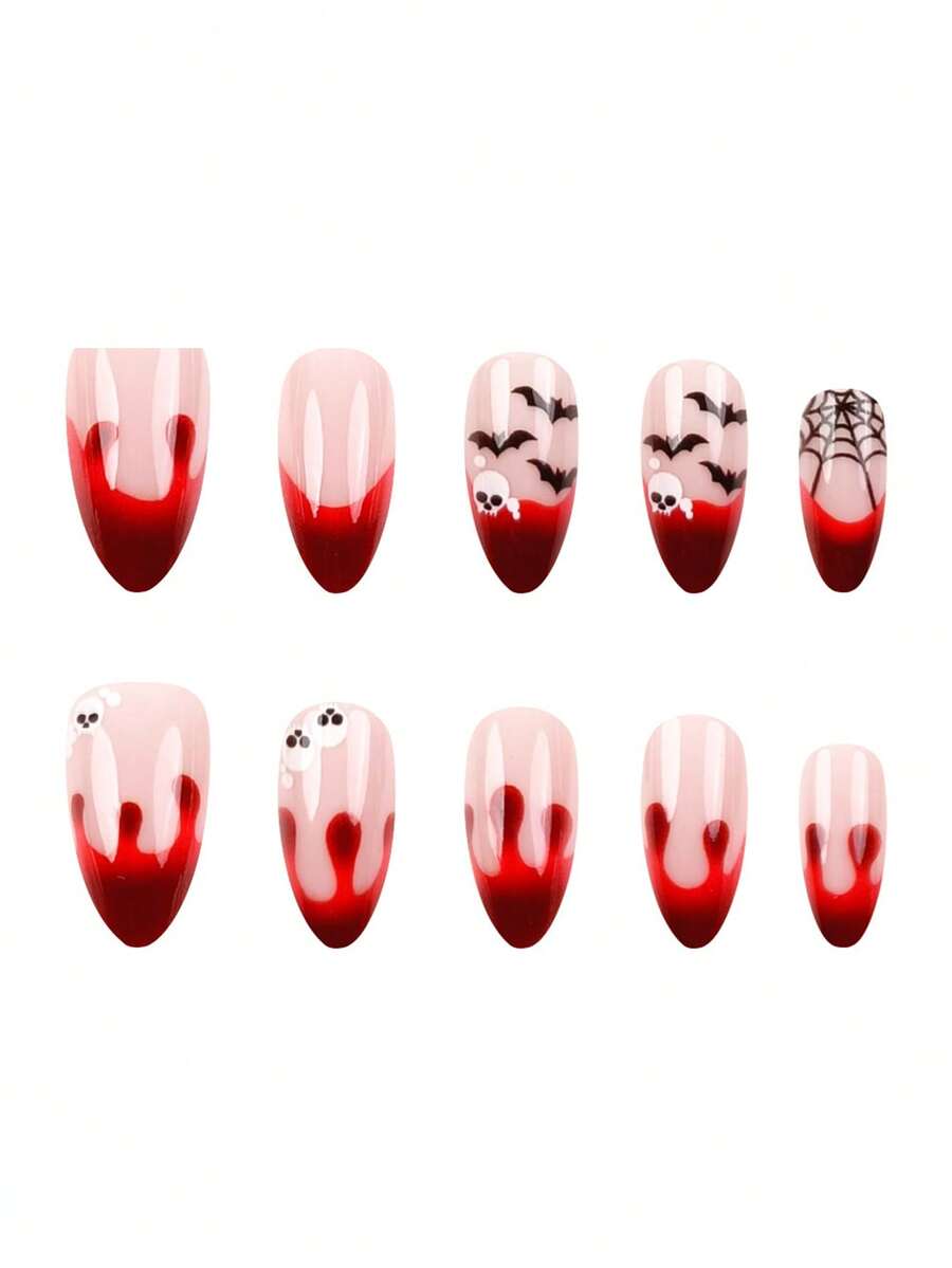 24PCS Halloween Almond Short Press-On Nails, Glow-In-The-Dark Pumpkin & Spider Design, Includes Nail File And Jelly Glue, Suitable For Women And Girls For Vacation, Holiday, Party, DY2449 Blood Red Eerie